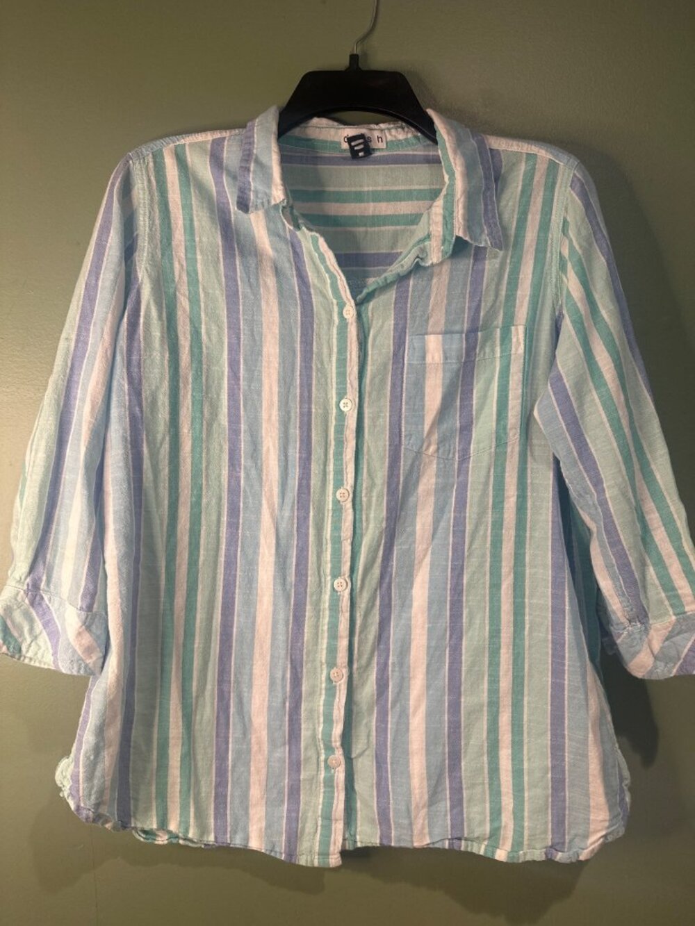 Dash Size M Striped Cotton Button Down Coastal Nautical Quiet Luxury Natural